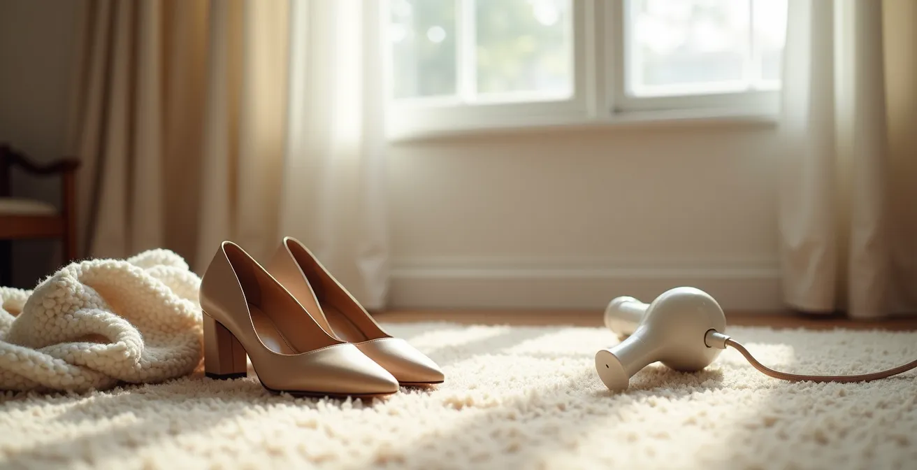 Gros plan sur des mains appliquant de la chaleur sur des escarpins en cuir