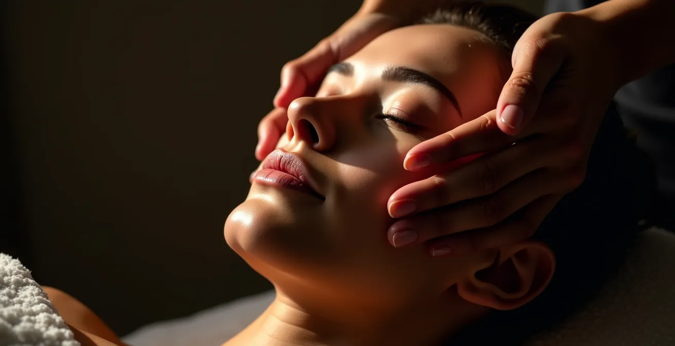 Gros plan sur les mains effectuant un massage facial anti-âge avec technique du palper-rouler