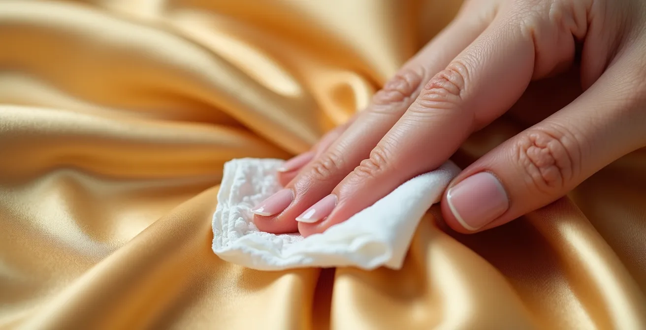 Mains délicates nettoyant une surface satinée avec la technique du tamponnement concentrique