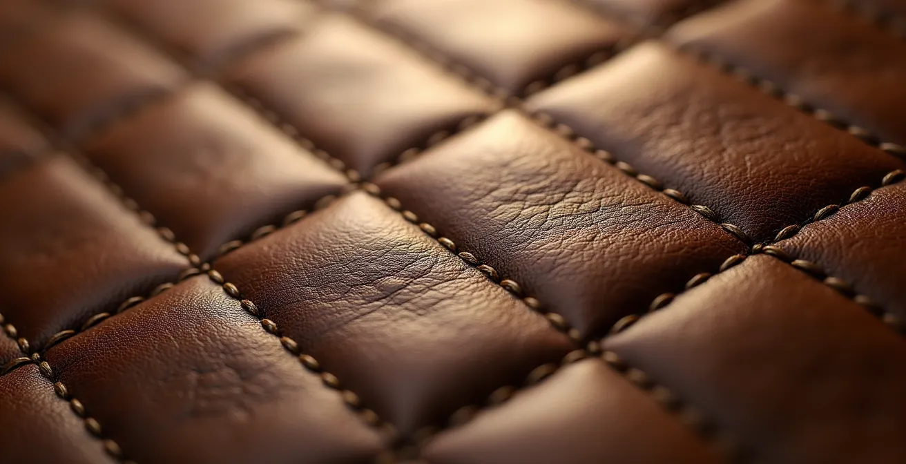 Gros plan macro sur la texture grainée du cuir avec jeu de lumière révélant les reliefs