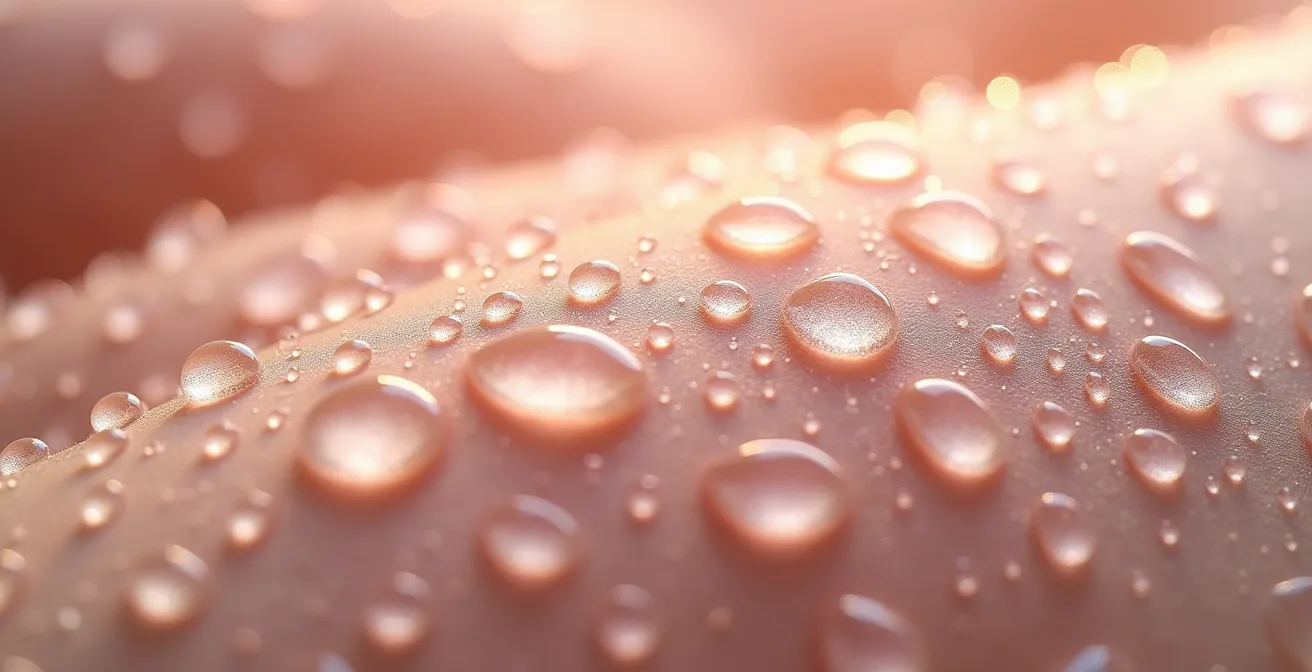 Macro détaillée de peau hydratée montrant la texture qui retient les molécules de parfum