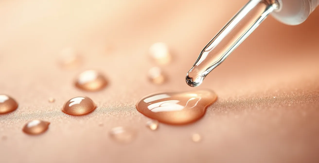 Texture transparente d'un sérum à l'acide hyaluronique formant des gouttes sur la peau