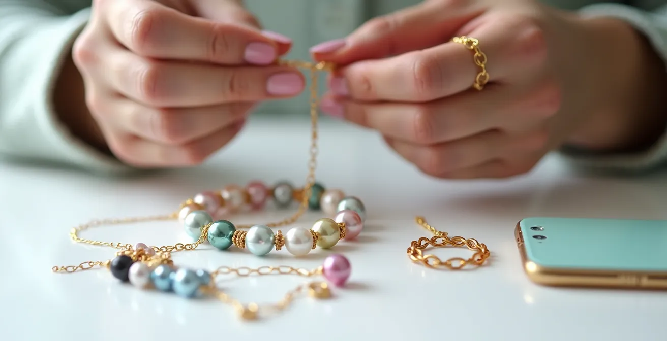 Mains transformant des perles en nouveaux bijoux créatifs