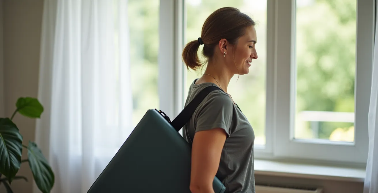 Professionnel transportant une table de massage avec une technique ergonomique pour protéger sa posture