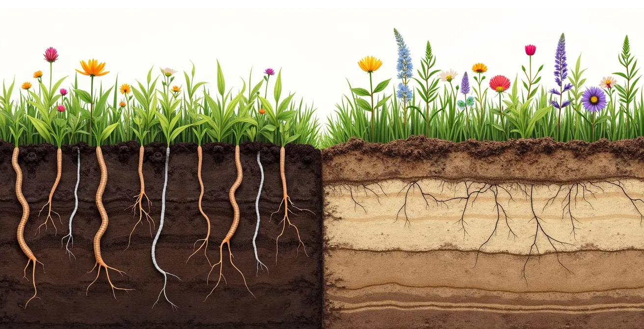 Coupe transversale du sol montrant la différence entre sol vivant agroécologique et sol appauvri industriel